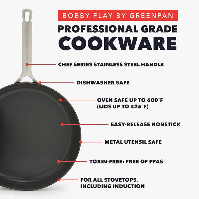 GreenPan x Bobby Flay 10” & 12” Ceramic Nonstick Frying Pan Set, PFAS-Free, Hard Anodized Cookware, Induction Compatible, Stainless Steel Handles, Oven & Broiler Safe to 600˚F, Dishwasher Safe, Black