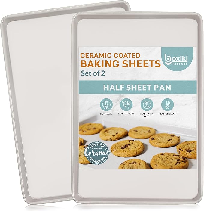 Boxiki Kitchen Nonstick Ceramic Baking Sheet/Cookie Sheet - Set of 2, Durable and Easy to Clean Baking Pans for Kitchen - Dishwasher and Freezer Safe, PFAS-Free (Half Sheet Pan)