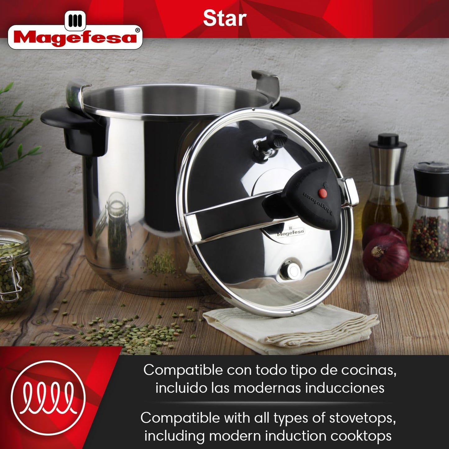 MAGEFESA Star Pressure Cooker, 4.2-Quart, 18/10 Stainless Steel, Works on All Stovetops (Induction Compatible), Safety Lock & 8 PSI Cooking