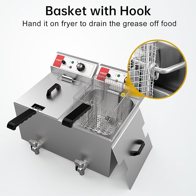 Valgus Dual Tanks Commercial Deep Fryer Electric 1700W 120V 26L Large Capacity Stainless Steel Countertop Kitchen Frying Machine with Basket & Lid, Drain System for Home Kitchen and Restaurant