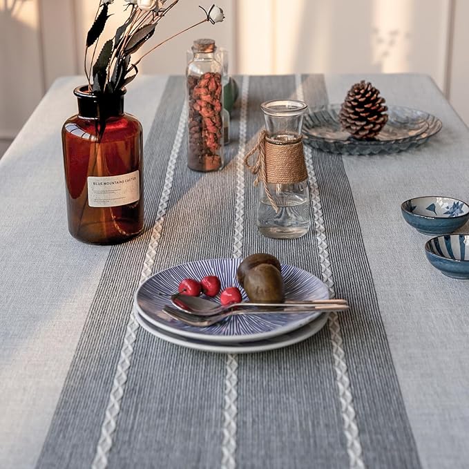 Deep Dream Tablecloth, Embroidered Waterproof Table Cloth Cotton Linen Wrinkle Free Anti-Fading Tablecloths Washable Dust-Proof Table Cover for Kitchen Dinning Party, 55 x 140 Inch - New Gray