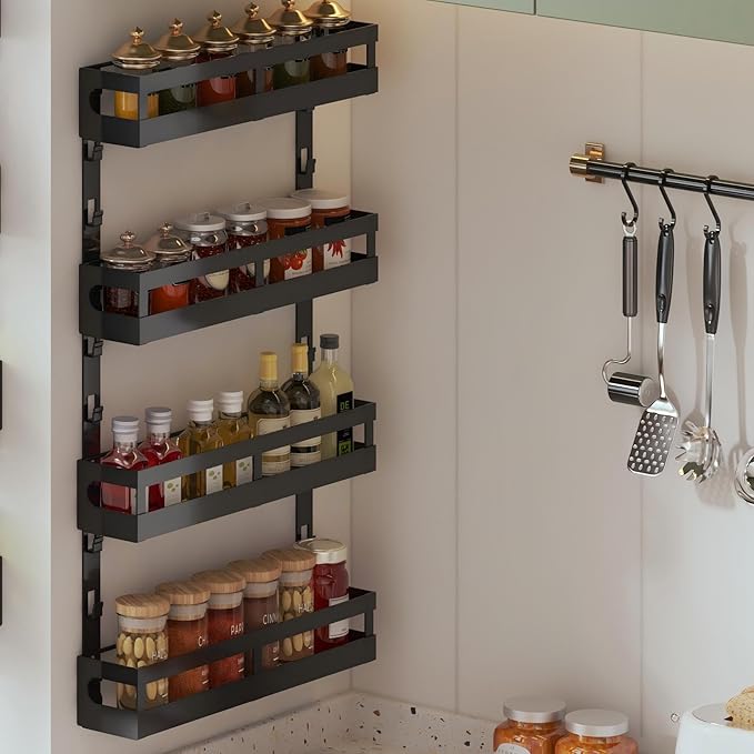 X-cosrack 4-Tier Small Wall Mounted Spice Rack Organizer, Hanging Spice Shelf for Cabinet or Pantry, Height-Adjustable Seasoning Holder for Kitchen Storage, Black