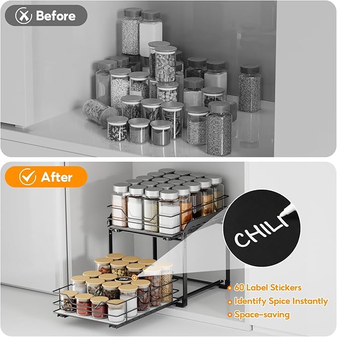 Spice Rack Organizer for Cabinet, 2 Tier Vertical Pull Out Spice Rack – Heavy Duty Metal Spice Organization for Cabinet, 40-Jar Capacity, Height Adjustable Cabinet Organizer (9"W×10.5"D×9"H, Black)