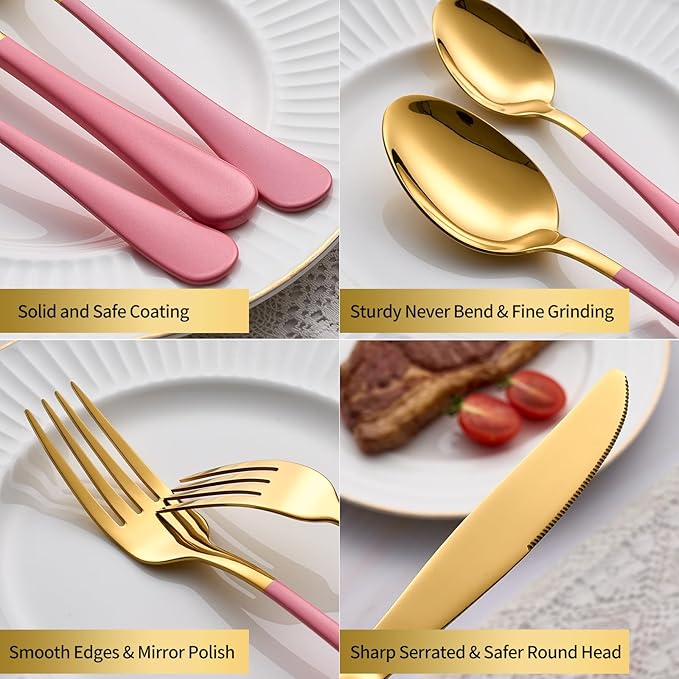 20-Piece Gold Silverware Set, 18/0 Stainless Steel Pink Handle Flatware Set, Service for 4, Modern Cutlery Set Includes Dinner Knives Forks Spoons, Mirror Polished, Dishwasher Safe