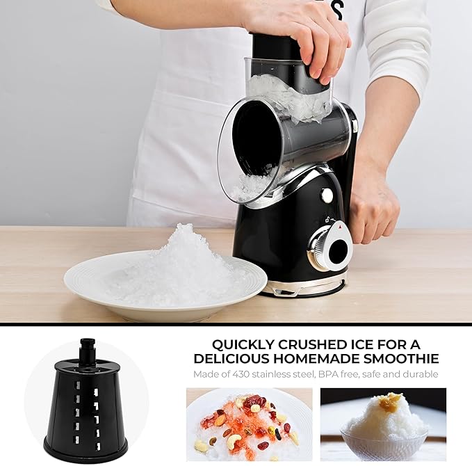 SUSTEAS Rotary Cheese Grater with Handle,Vegetable Slicer with 6 Interchangeable Blades, Reinforced Suction,Easy to Clean,Kitchen Shredder for Crushed Ice,Fruits and Nuts with Blade Storage Case,Black