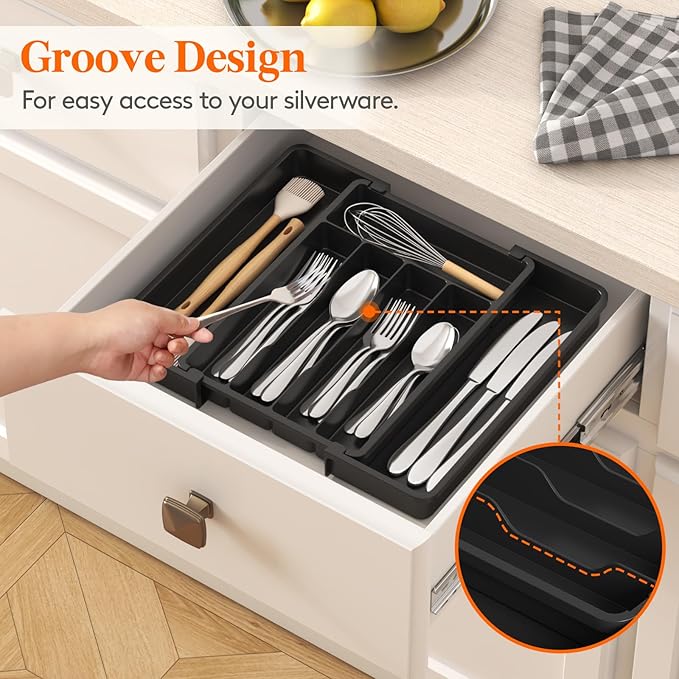 Lifewit Medium Silverware Drawer Organizer, Expandable Utensil Tray for Kitchen, BPA Free Flatware and Cutlery Holder, Adjustable Plastic Storage for Spoons Forks Knives, Black
