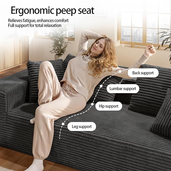3-Seater Deep-Seat Corduroy Lounge Sleeper Sofa - No Assembly, Frameless Foam Cloud Couch for Living Room, Bedroom, Apartment, Dorm, Office