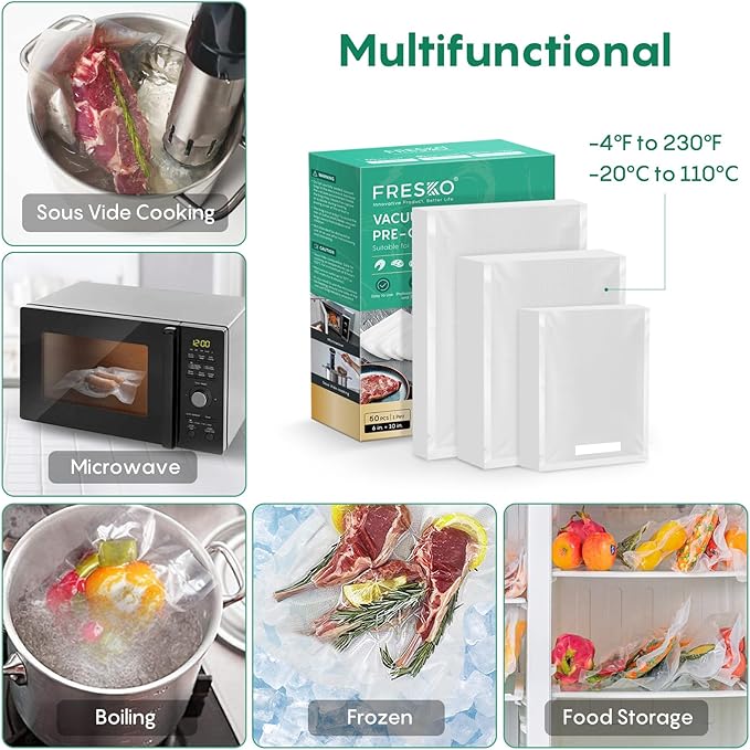 FRESKO Vacuum Sealer Bags, 150 Gallon 11" x 16" and Quart 8" x 12" and Pint 6" x 10" BPA Free PreCut Bag, Commercial Grade Food Vac Bags for Storage, Meal Prep or Sous Vide