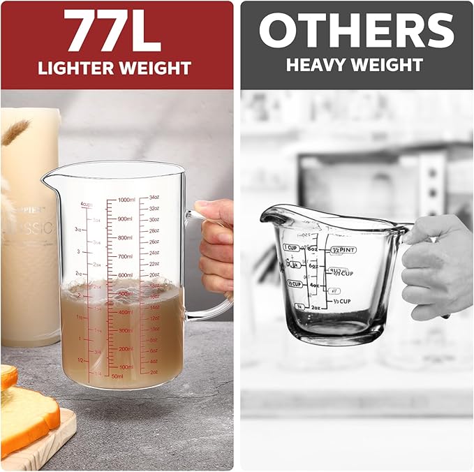 Lallisa 3 Pack High Borosilicate Glass Measuring Cups Set with Handle V Shaped Spout, 4, 2, 1 Cup 3 Scales (Oz, Cup, Ml) for Kitchen Restaurant Baking Cooking, Easy to Read, Clear(Red Scale)
