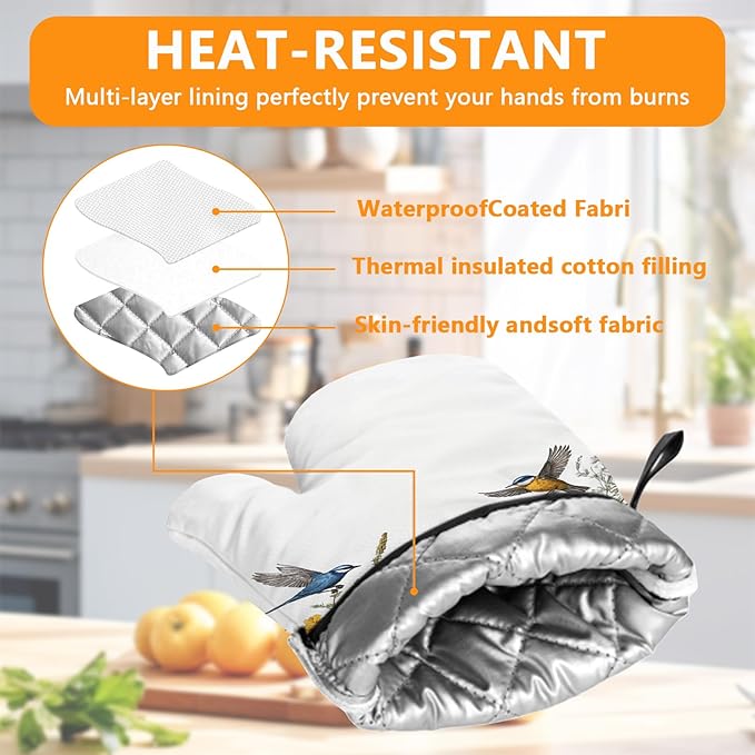 Wildflowers Birds Oven Mitts and Pot Holders Sets 4Pcs,Extra Long Oven Gloves Potholder for Kitchen Cooking Baking BBQ 100% Cotton Heat Resistant