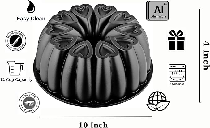 Heart Shape Molded Cast Aluminum Cake Pan, Titanium Coating, Non-Stick, 12 Cups, Heavy Duty, 10 Inch Pound Pan intended for Bundt Cakes, Gifts for Mom, Fluted Tube Pan, Easy to Clean (Black)