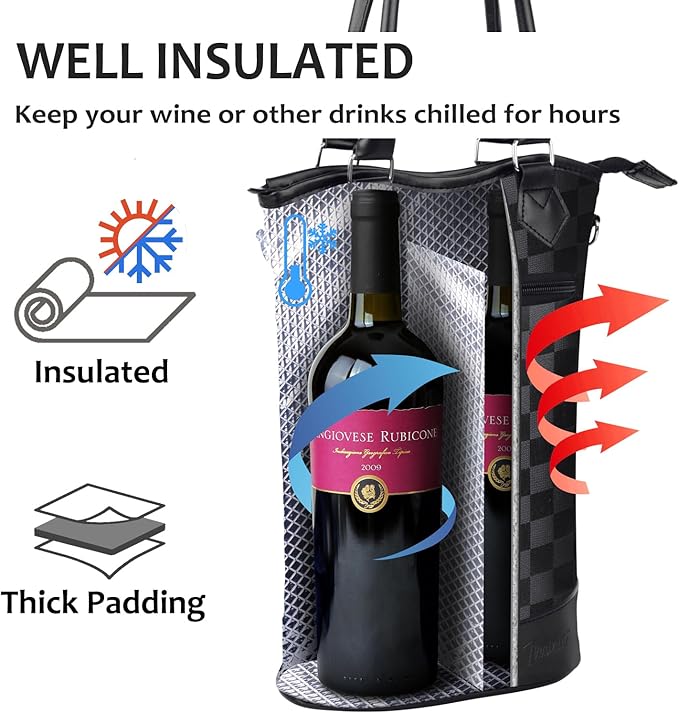 Tirrinia Insulated Wine Gift Carrier Tote - Travel Padded 2 Bottle Wine/Champagne Cooler Bag for Portable Wine Bottle Carrying Case, Women Men Wine Party Bag for Event,BYOB,Beach, Gift for Wine
