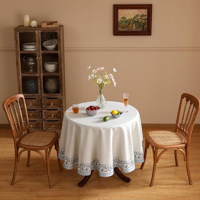 Floral Tablecloth for Round Tables,Linen Table Cloth with Thorny Vine Flower Pattern,Heavy Durable Table Cover for Dining Thanksgiving Kitchen Decor Party Christmas,Diameter 67"