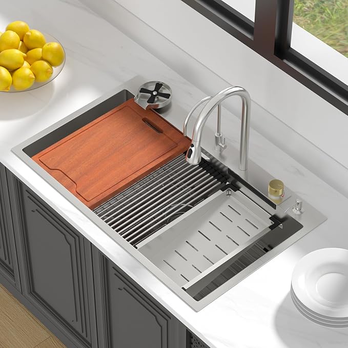 36 Drop In Kitchen Sink with Faucet - Lordear Waterfall Kitchen Sink Smart 36x22 Topmount Sink Stainless Steel 16 Gauge Single Bowl Workstation Sinks With Faucet Combo