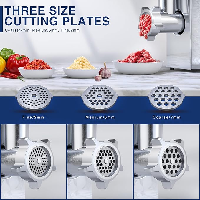 CHEFFANO Meat Grinder, Electric Meat Grinder and Sausage Maker Includes 3 Size Stainless Steel Sausage Stuffs, 2 Cutting Blades, 3 Grinder Plates, Plastic Sausage Tubes & Kubbe Kit for Home Use