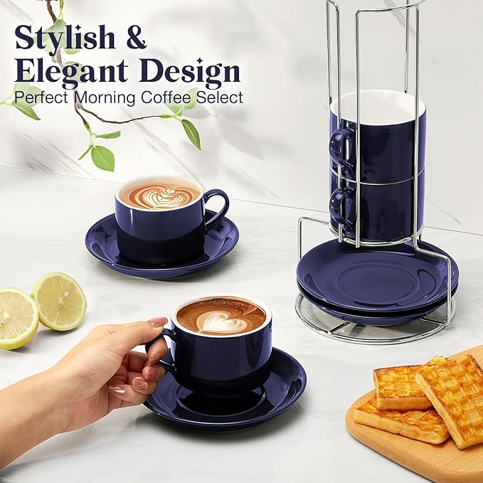 8 Ounce Blue Porcelain Stackable Cappuccino Cups with Stainless Steel Holder, Set of 4, Durable Ceramic, Perfect for Home, Office or Gift