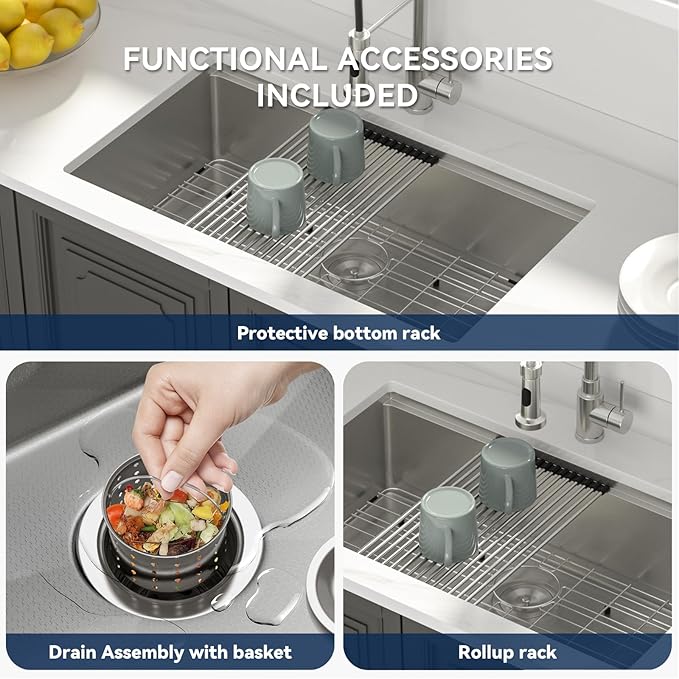 Lordear 33 Inch Undermount Kitchen Sink Honeycomb Finish 16 Gauge Stainless Steel Single Bowl Workstation Sinks Scratch Resistant Handmade Under Counter Sink Basin