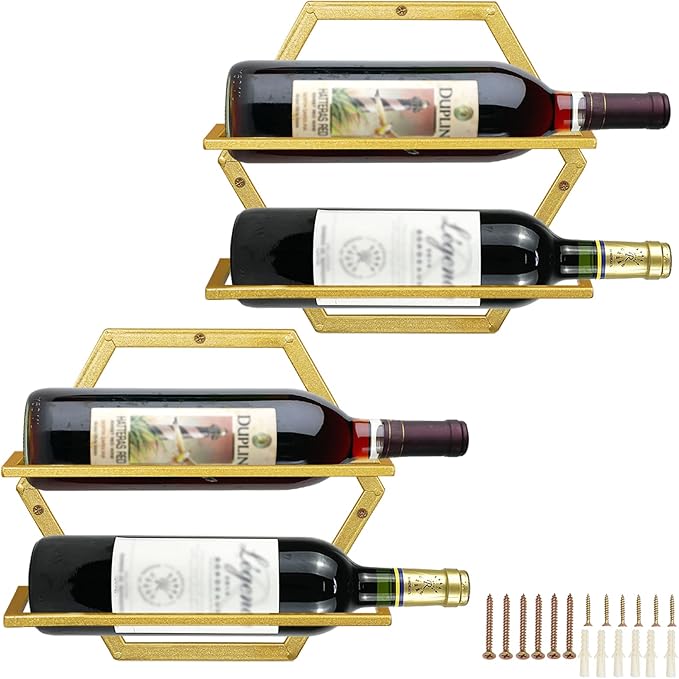2Pcs Wall Mounted Wine Bottle Rack, Metal Hanging Wine Display Holder Organizer, Red Wine Racks for Home Kitchen Bar Decor Storage(Gold)