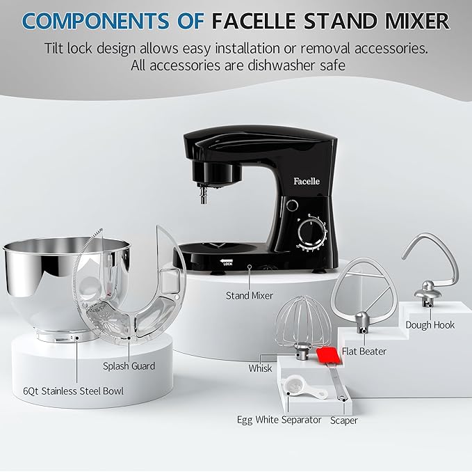 Facelle Stand Mixer, 10-Speed 6QT Kitchen Electric Mixer, Tilt-Head Food mixer with Beater, Dough Hook, Wire Whip and Egg Separator, scraper for Most Home Cooks - Black