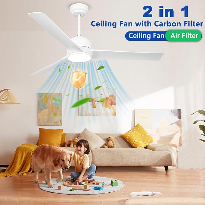 52 Inch White Ceiling Fan with Filters, Quiet DC Motor 3 Blade Ceiling Fan with Lights Remote Control, Dimmable 3 Colors LED/6 Speed High CFM for Home Kitchen/Living Room/Bedroom