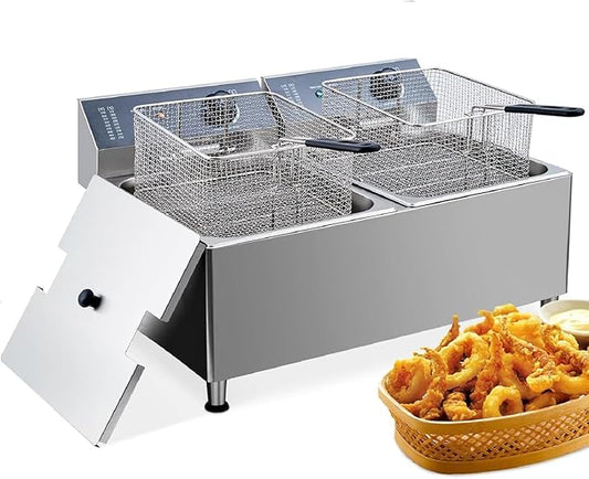 Dual 11L/3.3Gal Commercial Deep Fryer 3400W,120V |Twin Adjustable 6L Baskets with 201 Stainless Steel, Oil Filtration & Splash Guard for High-Volume Restaurant, Food Truck, Catering Service