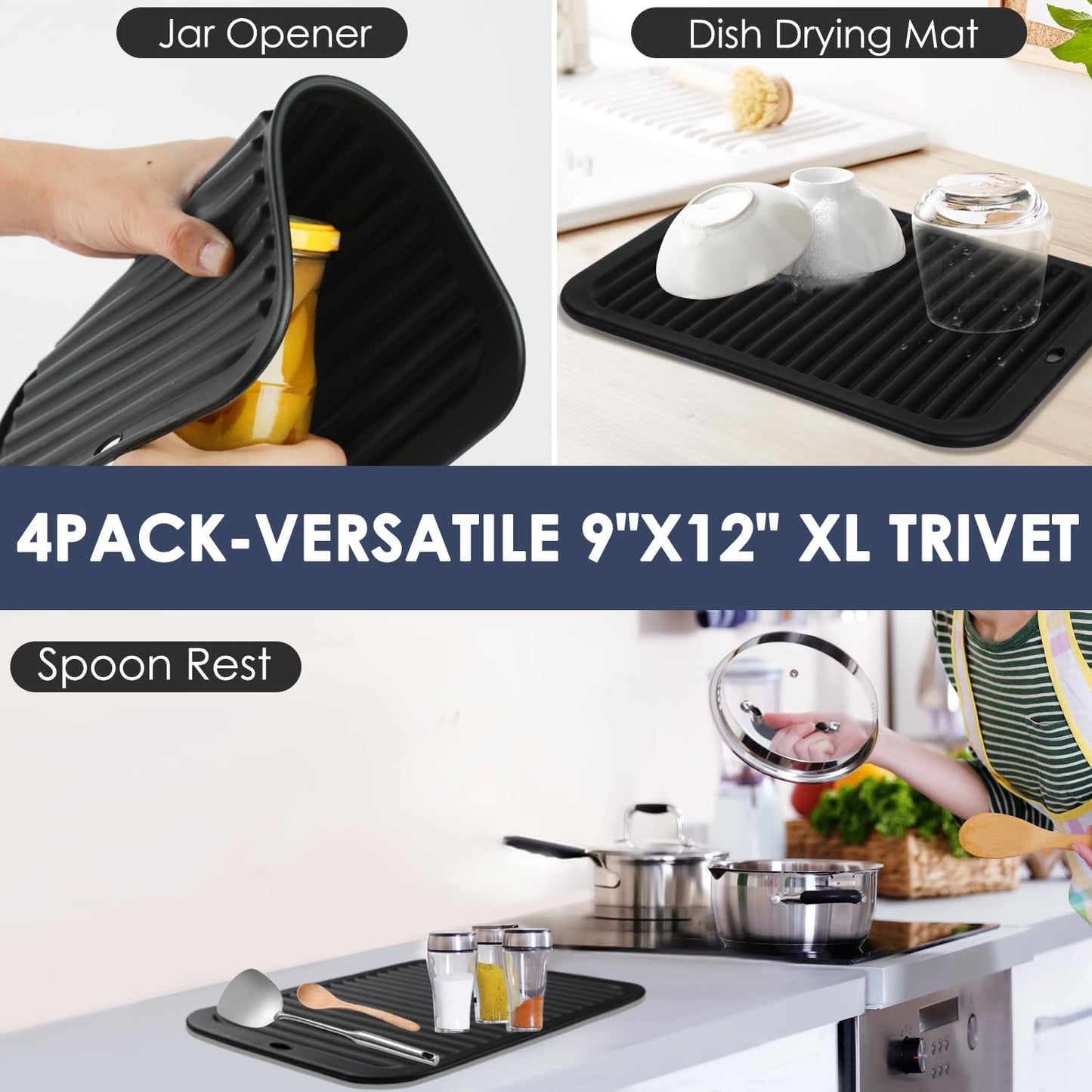 Silicone Trivets for Hot Pots and Pans, 4 Pack Heat Resistant Pot Holders for kitchen, Large Silicone Trivet Mat for Hot Dishes, Black Hot Pads for Kitchen Counter, Hot Mats Spoon Rest, 9 * 12 Inches