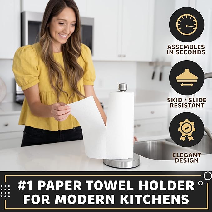 Stainless Steel Paper Towel Holder Designed for Easy One-Handed Operation - This Sturdy Weighted Paper Towel Dispenser Countertop Model Has Suction Cups and Holds All Paper Towel Rolls