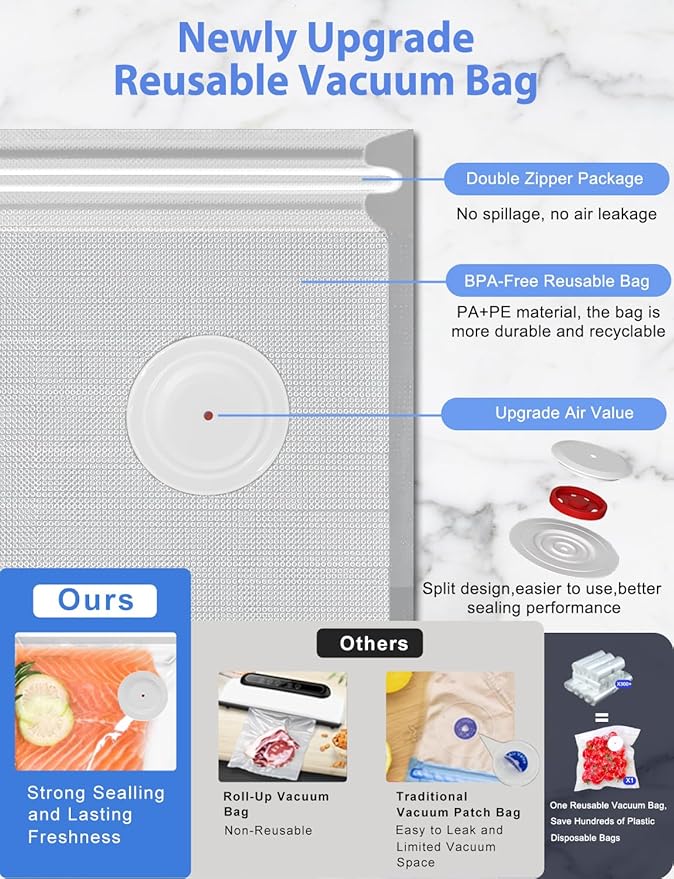 WanshengLe Vacuum Sealer, Handheld Vacuum Sealer for Food, Compact Vacuum Sealer Machine with 30 Reusable Sous Vide Bags for Preservation, Portable Food Sealer, Fresh & Save Meal Prep, White