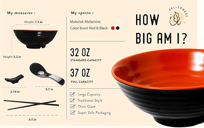 6 Ramen Bowls, 18 pieces Pho set. Red Black Asian Japanese soup. Utensil Spoons And Chopsticks kit. Melamine. Large 37 oz. Noodles, Rice, Udon, Thai, Chinese, Korean, Wonton, Miso (Red Black x6)