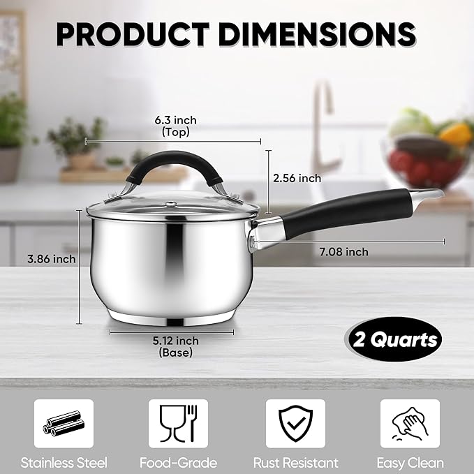 E-far 2 Quart Saucepan with Lid, Tri-Ply Base Stainless Steel Small Sauce Pan with Stay-Cool Handle, Non-toxic Kitchen Cooking Sauce Pot, Compatible with All Cooktops, Dishwasher Safe