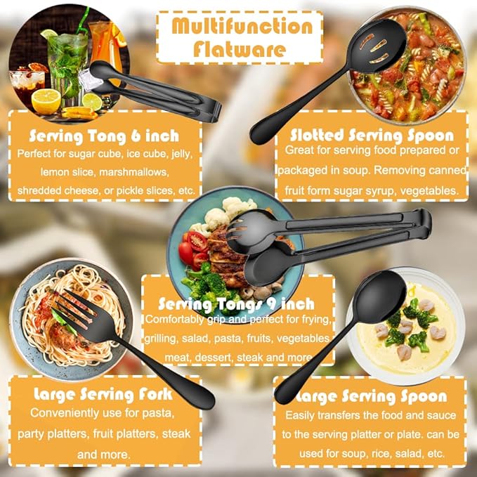 10 PCS Stainless Steel Serving Utensils, Large Serving Spoons Slotted Spoons, Serving Forks, Serving Tongs, Ice Suger Tongs, Metal Utensils Set Great for Buffet Catering Banquet Party (Black)