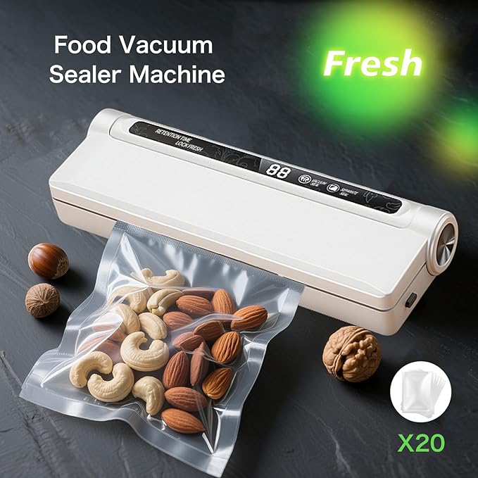 Kitchen utensil vacuum sealing machine, 60kPa suction, 20 vacuum sealing pockets, dry wet mode, digital countdown, white vacuum food sealing machine