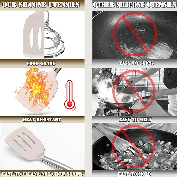 Umite Chef Silicone Kitchen Cooking Utensil Set, 43 pcs Spatula Set with Stainless Steel Handle, Non-stick Heat Resistant - Best Cookware Set-(Khaki)