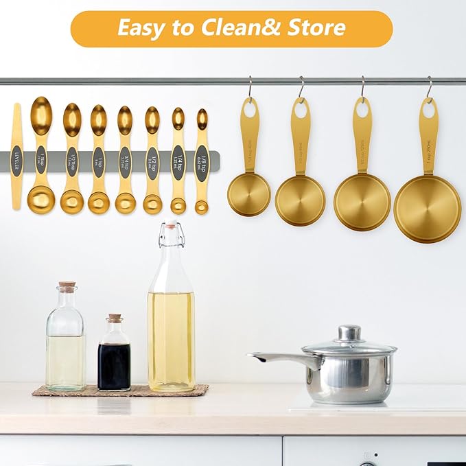 GuDoQi Gold Magnetic Measuring Spoons and Cups Set of 12, 8 Dual Sided Magnetic Measuring Spoons set with Leveler, 4 Measuring Cups, Premium Stainless Steel, Measuring for Liquid and Dry Ingredients