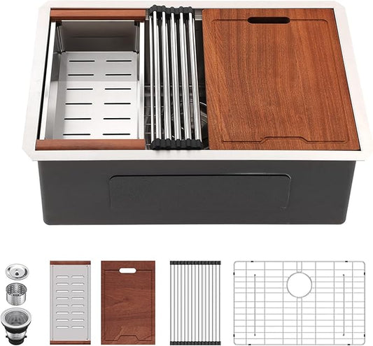 Lordear 26 Undermount Kitchen Sink Workstation 26x19 Stainless Steel Sinks 16 Gauge Deep Single Bowl Under Counter Kitchen Sink Basin with Cutting Board