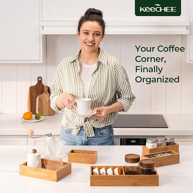 5-Piece Bamboo Drawer Organizer Set, 2.2" Deep Multi-Use Organizers for Utensils, Silverware, Cutlery, Desk, Bathroom, Junk Drawer & Makeup, Non-Slip Feet Included.