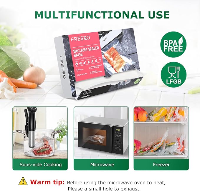 FRESKO 8"x12" Food Vacuum Sealer Bags, 120Pcs PreCut Bags for Food Vacuum Storage, Vacuum Seal Food Sealer Bags with BPA Free and Heavy Duty, Great for Sous Vide Bag Meal Prep