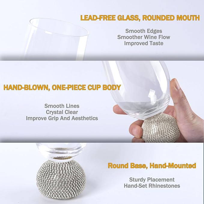 Wine Glasses Set of 4,Stemless Wine Glass,Unbreakable Crystal Fancy Glasses,15 Oz Short Handle Red/White Glasses,Unique Wine Gifts for Women,for Home Bar, Party, Birthday (Silver Clear)