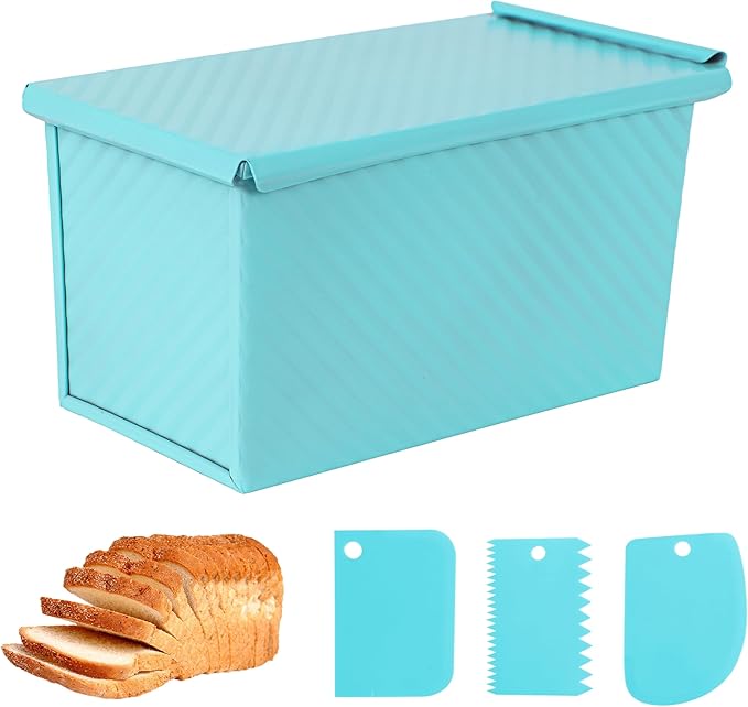 Blue Pullman Loaf Pan with Lid, Sandwich Bread Pullman Loaf Pan, 1LB Dough Capacity Rectangular Bread Pan, Non-Stick Loaf Pan with Dough Scraper Cutter for Sandwich Bread