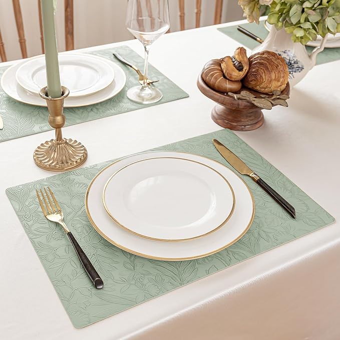 Romanstile Vinyl Placemats Set of 8-12 X 18 Inch - Heat Resistant Non-Slip Embossed Floral Place Mats 100% Waterproof Oilproof Wipeable Faux Leather Table Mats for Kitchen/Dining/Party, GrassGreen