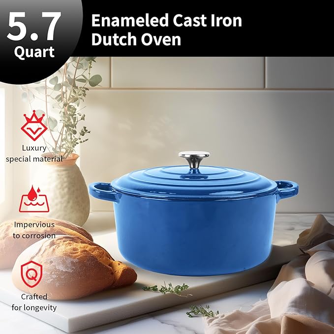 Enameled Cast Iron Dutch Oven Pot with Lid, 5.7 Quart Dutch Oven for Bread Baking, Oven Safe up to 500° F, Suitable for Bread Baking, Braising, Roasting, Stews, Blue