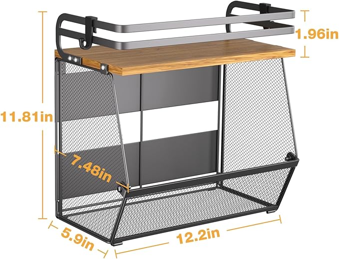 Magnetic Shelf for Fridge with Wood Lid, Extra-Large Capacity Magnetic Spice Rack for Refrigerator Kitchen Storage Bin for Fruit, Onion, Potatoes, Storage Organizer for Counter & Cabinet, Mesh Basket