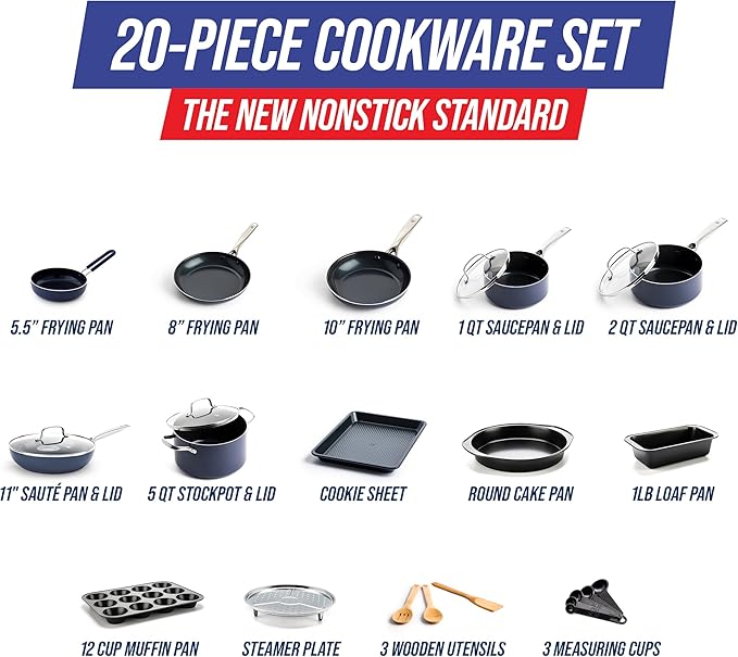 Blue Diamond 20 Piece Nonstick Cookware Set, Diamond Ceramic Pots & Pans, Dishwasher & Metal Utensil Safe, Non Toxic PFAS-Free, Kitchen Cooking Sauce & Saute Pans, Oven & Broiler to 600F, Blue