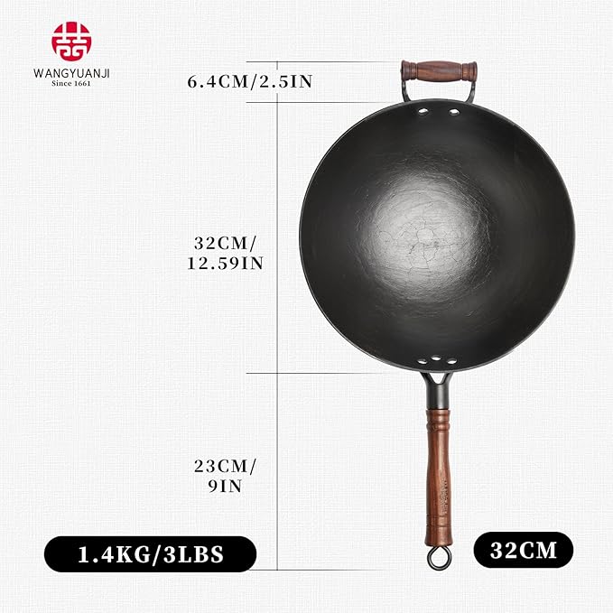 WANGYUANJI 12.6-Inch Cast Iron Chinese Wok with Round Bottom & Glass Lid - Traditional Ancient Wok for Gas Stove and Open Flame Cooking
