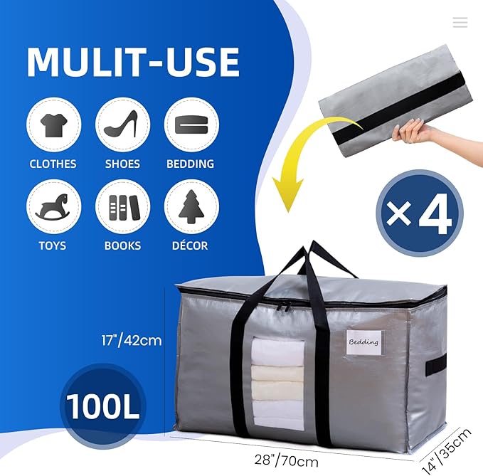 TAILI Extra Large Moving Bags, 4 Pack Silver Heavy Duty Totes for Storage with Visible Window, Wrap Around Handles, Space Saving Storage Bags for Moving Supplies, Alternative to Moving Boxes