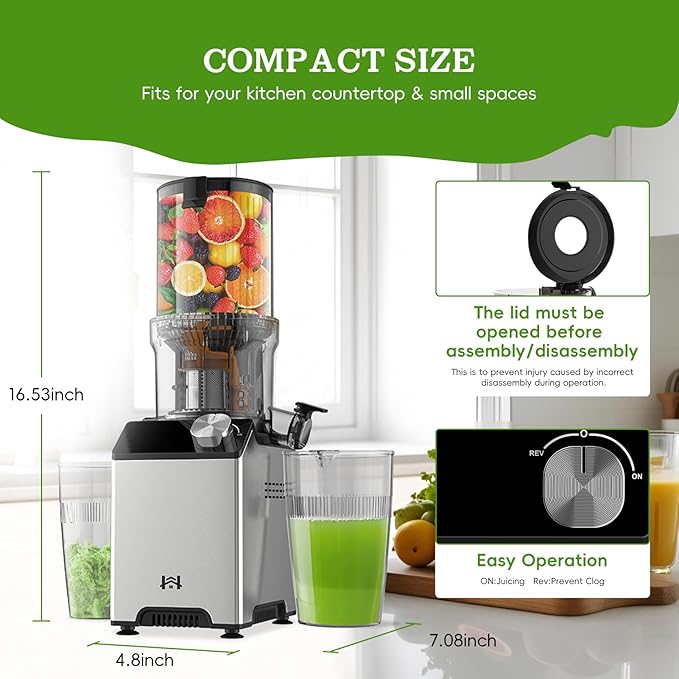 Cold Press Juicer, Wide Feed Chute Juicer Machines, Stainless Steel Slow Masticating Juicers Easy to Clean, Vegetables & Fruits Juice Extractor, High Juice Yield, Silver Color Knob