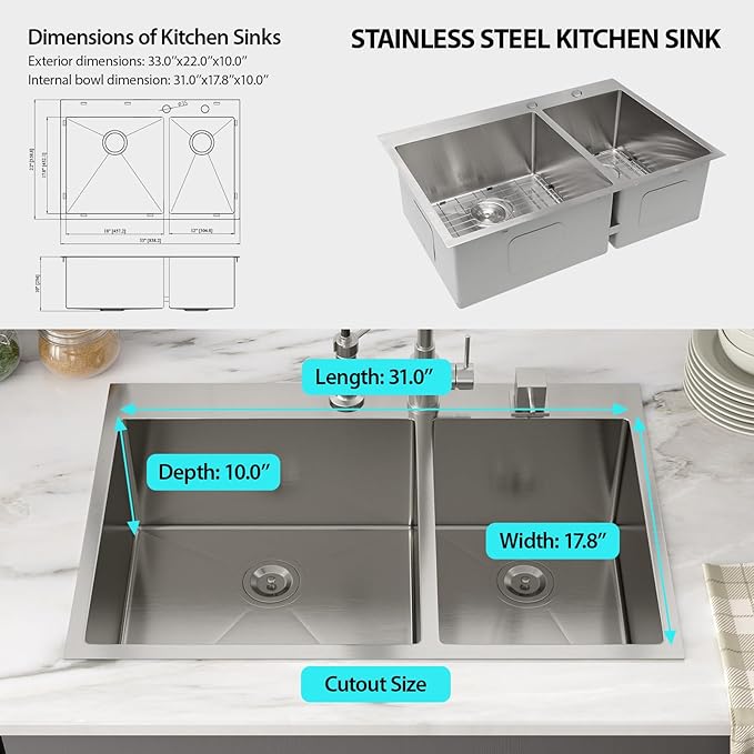 Drop In Kitchen Sink Double Bowl - Funmier 33 Inch Double Bowl Kitchen Sink 60/40 33"x22" Stainless Steel 16 Gauge Deep Bowl Basin