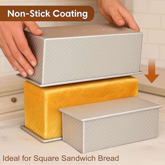 2-Pack Pullman Loaf Pan with Lid –Includes Two Size 13 * 5" & 8.4 * 4.8" Loaf Pan, Silver Textured Finish, Vented Bottom, Nonstick Bread Pan Set, Ideal for Sandwich Bread, Toast, Sourdough