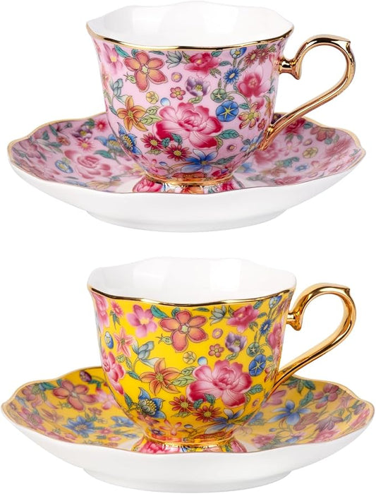 KAMMAK Tea Cups and Saucers Set of 2, Porcelain Coffee Cups with Saucer for Espresso, Cappuccino, 6.3oz Vintage Pink and Yellow Ceramic Demitasse Mug for Home, Tea Party, Office