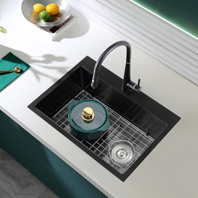 22 inch Drop-in Black Kitchen Sink Single Bowl, Topmount Kitchen Sink with Protective Bottom Grid, Overmount 304 Stainless Steel Kitchen Bar Sink Handmade with Basket Strainer, 22×18×9 inch